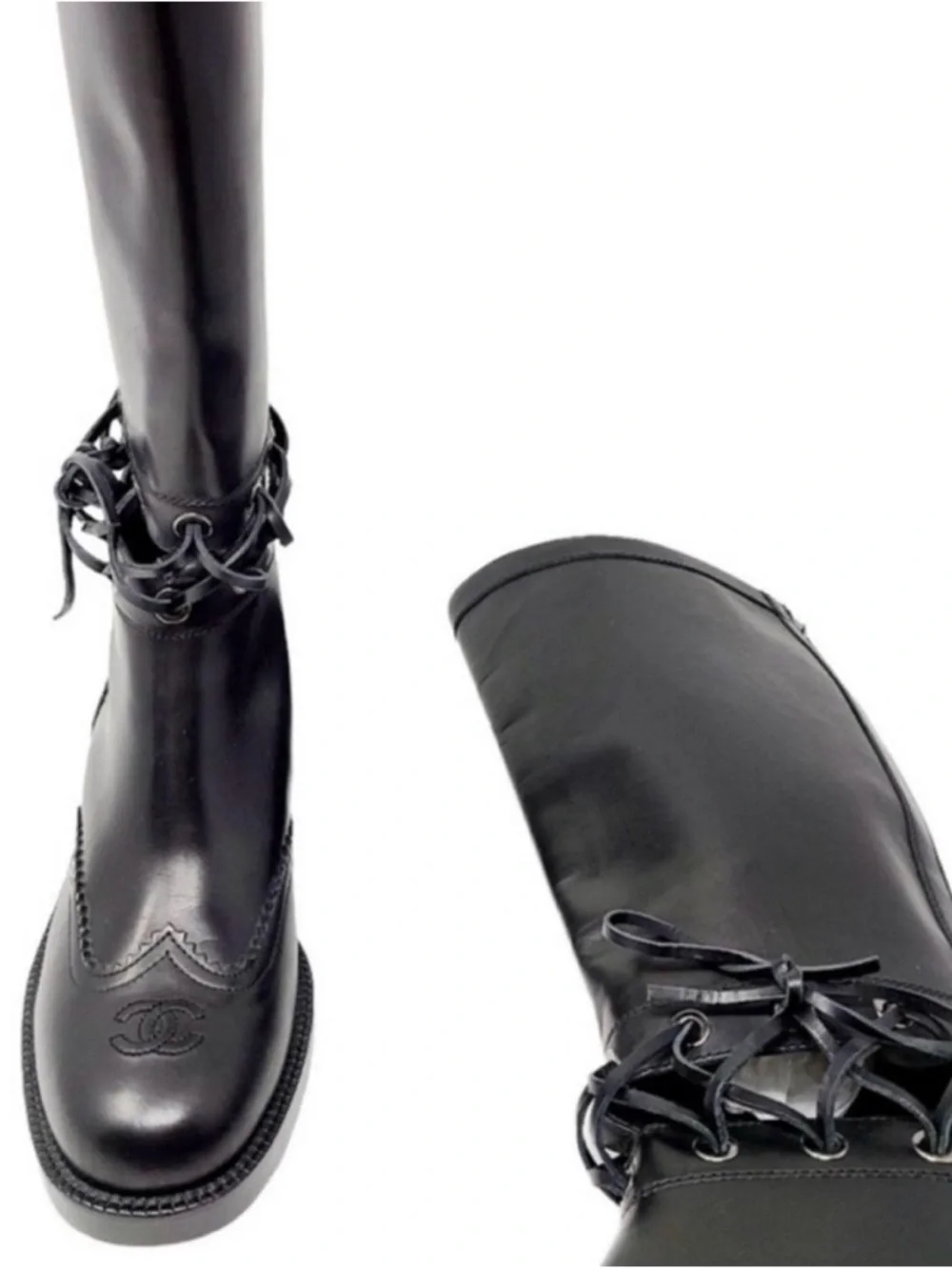 CHANEL Lagerfeld Fall 2016 Black Leather Knee High Laced Equestrian Riding Boot
